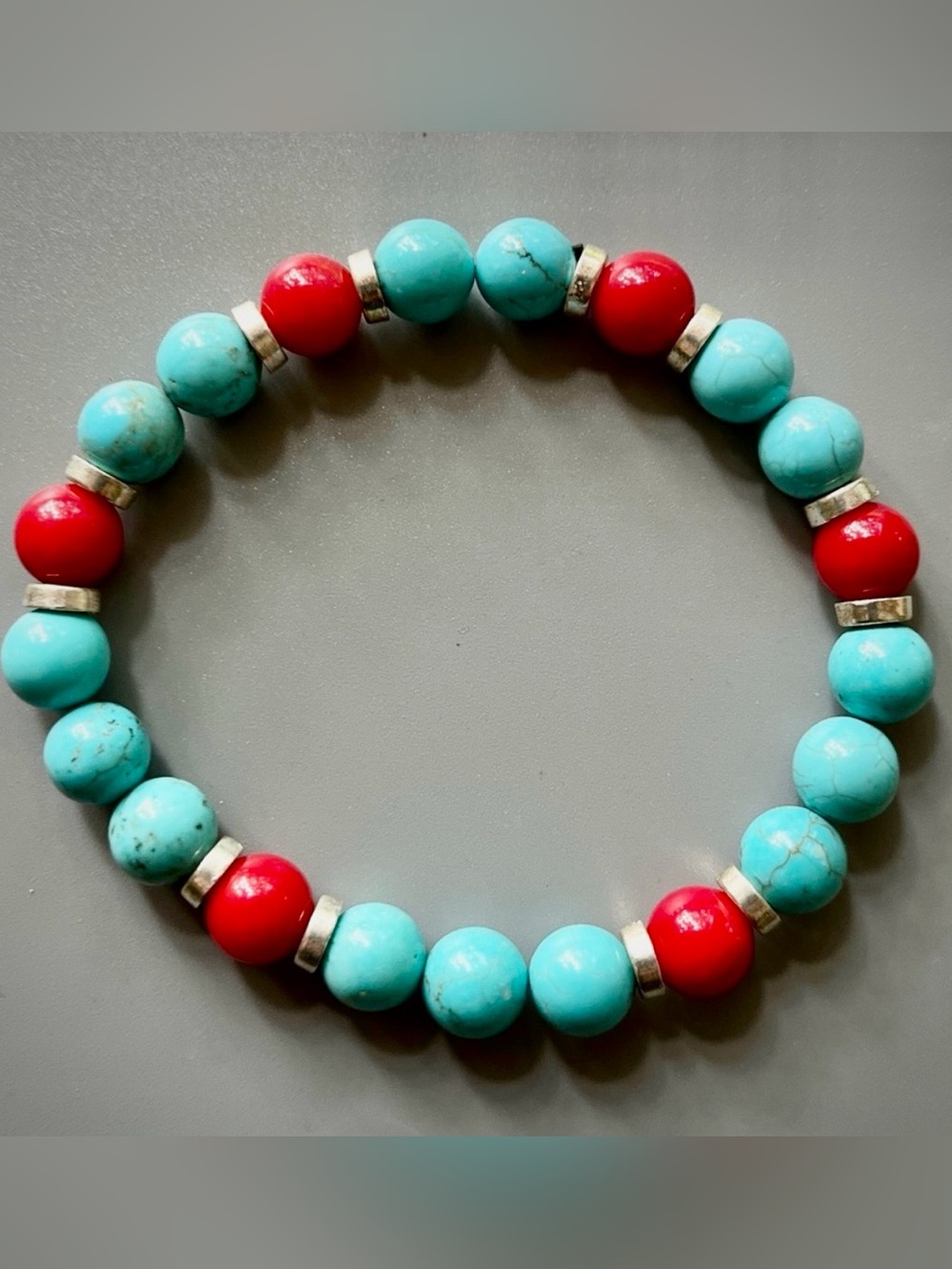 Turquoise and Red Coral Handcrafted Beaded Bracelet